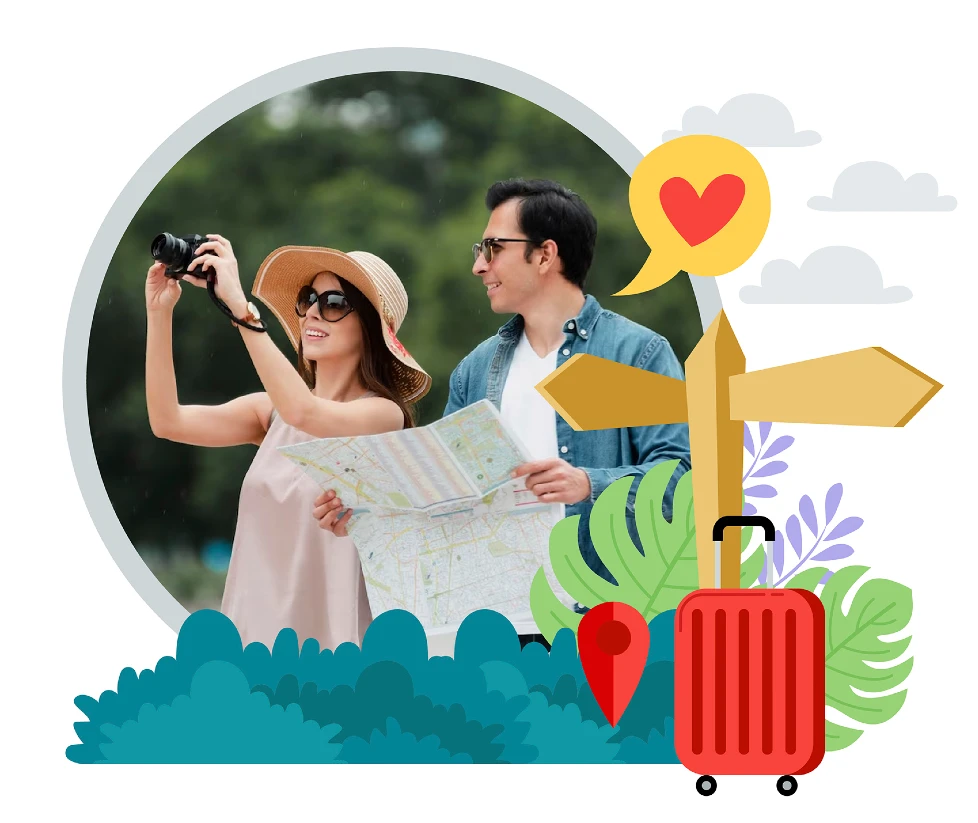 Couple taking photos and holding a map outdoors, with a cartoon suitcase and signpost in the foreground.