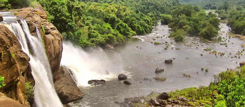 A waterfall cascades into a river surrounded by lush greenery.